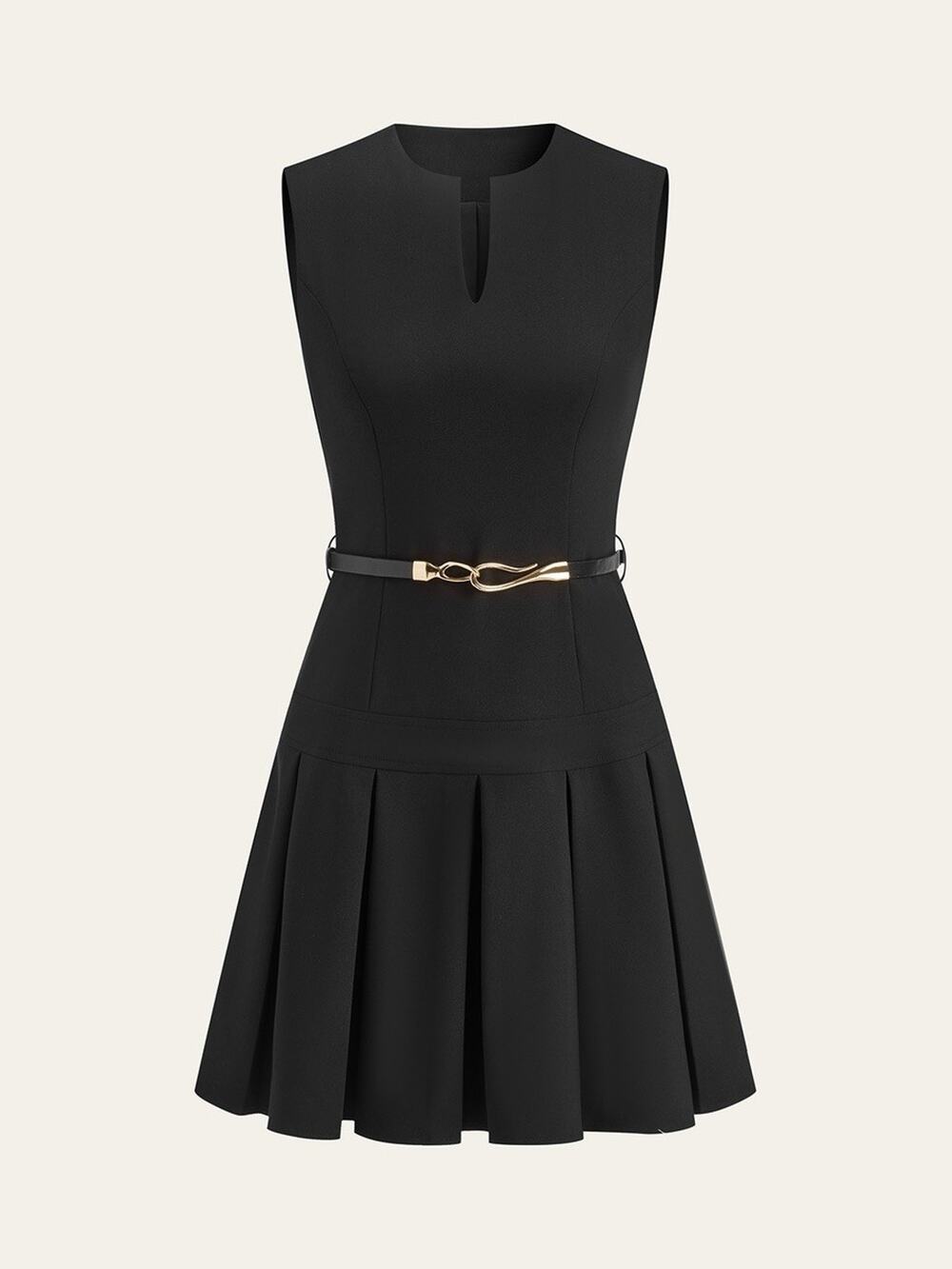 Commense Sleeveless Keyhole-Neck Pleated Black Mini Dress (No Belt inc) Size XL